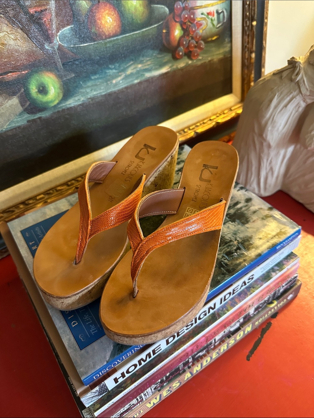 K.Jacques Orange Snake Cork Wedge Thong Sandals